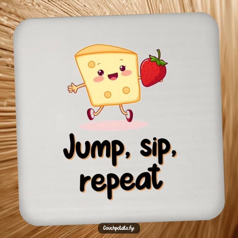 Funny cream cheese and strawberry coasters, featuring them happily jumping rope, perfect for humorous protection of surfaces.
