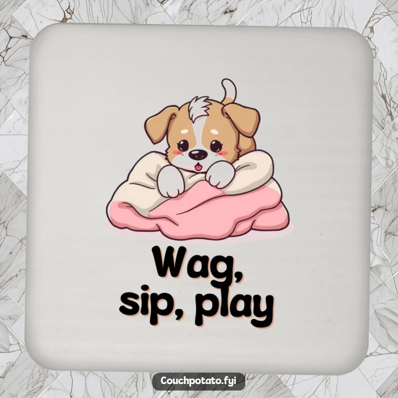 Funny energetic puppy tumbling headfirst into blankets, tail wagging furiously, a cute and protective coaster.