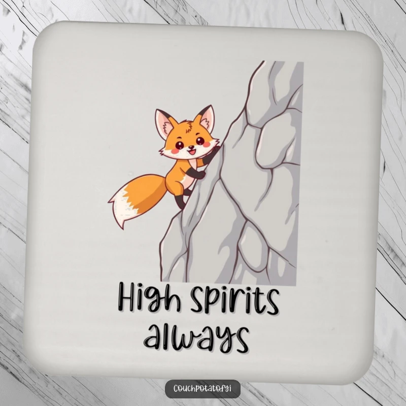 Funny fox drink coaster with a smiling, triumphant fox climbing a sheer rock face, adding a touch of humor to surfaces.
