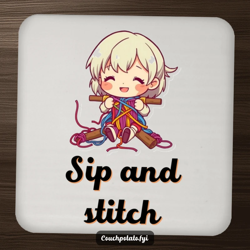 Funny character happily weaving colorful yarn into a complex pattern on a protective drink coaster.
