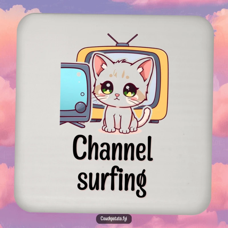 Funny wide-eyed kitten intensely watching a television, presented on a coaster, providing a humorous and practical surface protection.