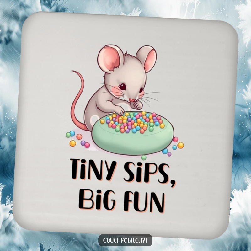 Funny Mouse Coaster: A skilled mouse meticulously arranges tiny beads onto a craft project, protecting surfaces with detailed style.