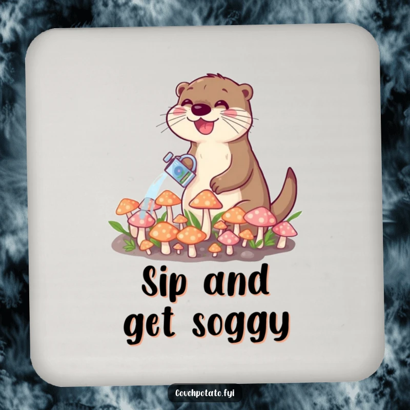 Funny drink coaster with a happy otter watering a patch of tiny mushrooms, offering both protection and whimsical decor.