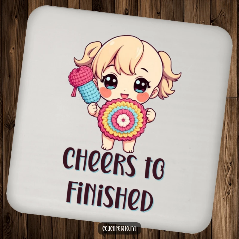 Funny drink coasters depicting a character proudly showing off a finished crocheted object with a flourish, adding a touch of pride.