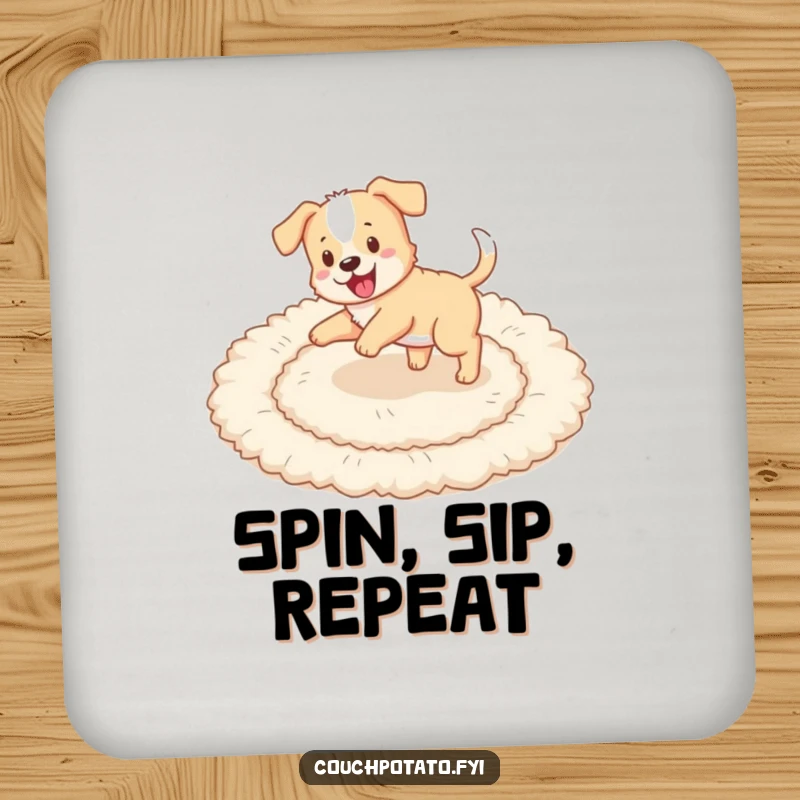 Funny puppy chasing its tail in circles on a fluffy rug, serving as a humorous and protective drink coaster.
