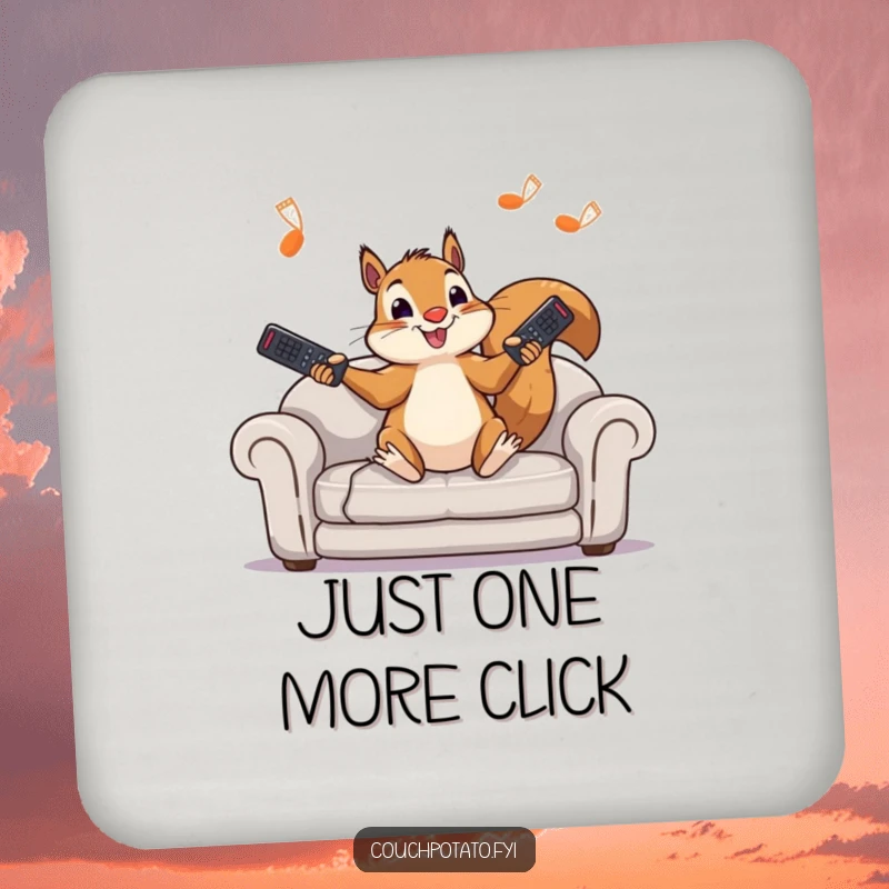 Funny squirrel drink coaster featuring a juggling remote control character, adding a touch of humor to protect surfaces.