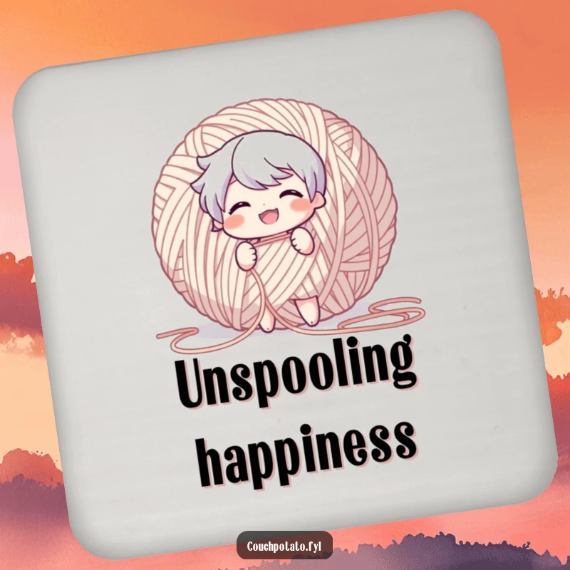 Funny Drink Coasters featuring a character grinning while pulling a long thread from a giant yarn ball.