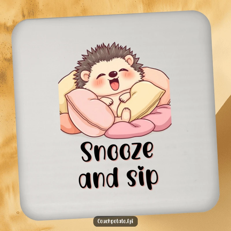 Funny hedgehog snuggled amongst soft cushions yawning widely, serving as a humorous and protective drink coaster.