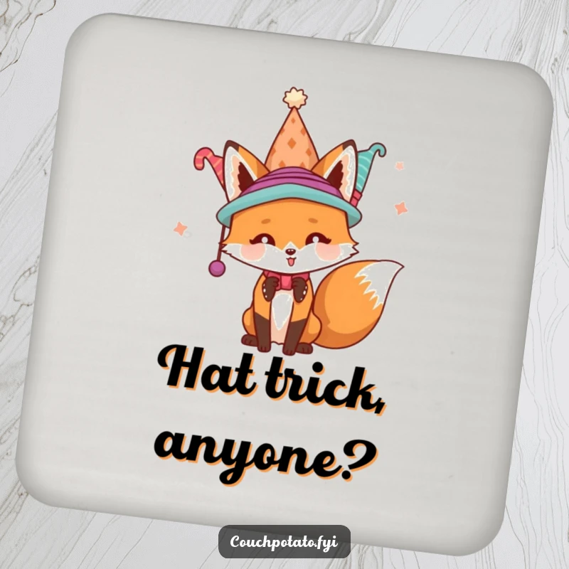 Funny playful fox wearing a stack of hats on a round coaster, offering humorous protection for surfaces.