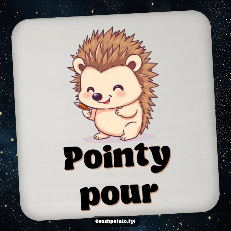 Funny drink coaster showing a smiling hedgehog using its quills to draw, adding a humorous and artistic touch to drink protection.