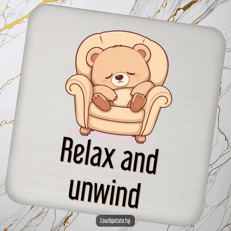 Funny Sleepy Bear Coaster showing a cute bear cub luxuriously stretching into a comfy armchair, perfect for protecting surfaces.
