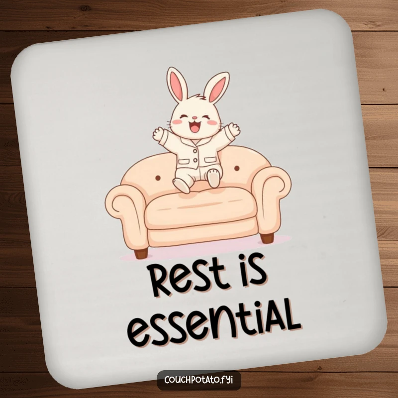 Funny Bunny Pajama Coaster showing a fluffy bunny in pajamas cheerfully leaping onto a plush sofa, perfect for drink protection.