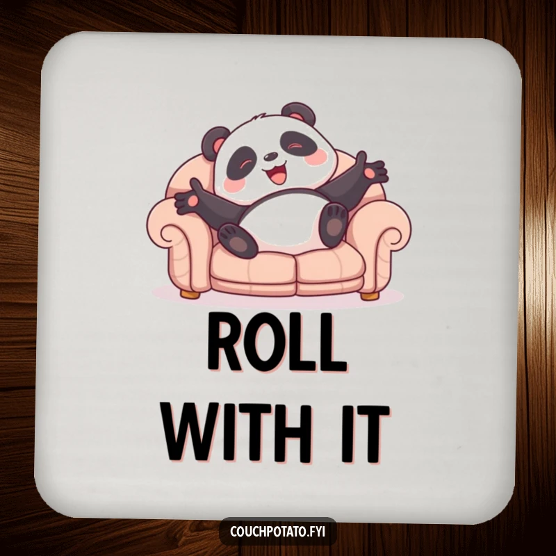 Funny panda drink coaster with a giggling character rolling on a sofa, adding humorous protection to surfaces.