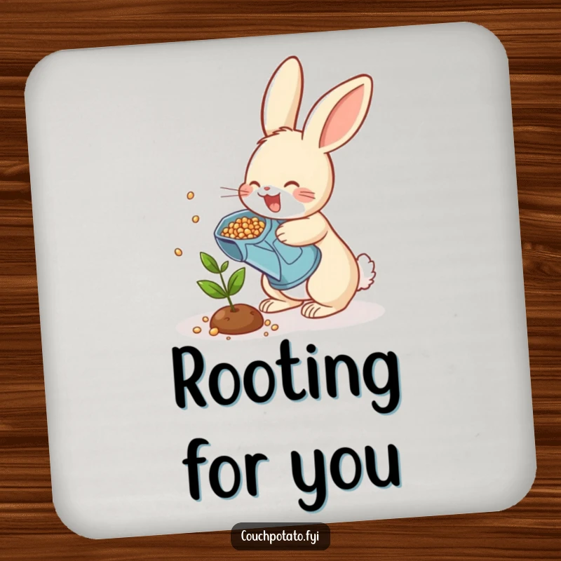 Funny rabbit gardener coaster, a cheerful bunny scattering seeds from a watering can onto a tiny plant, humorous table protection.