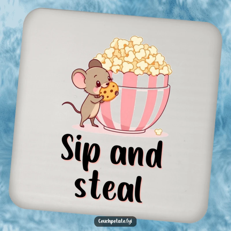 Funny tiny mouse with a mischievous grin sneaking a cookie from a giant popcorn bowl, a protective drink coaster.