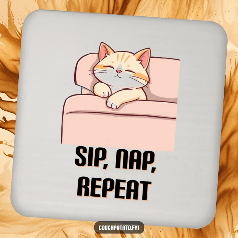 Funny content cat dozing off on a sofa, paw dangling, purring softly, a cute and protective coaster.