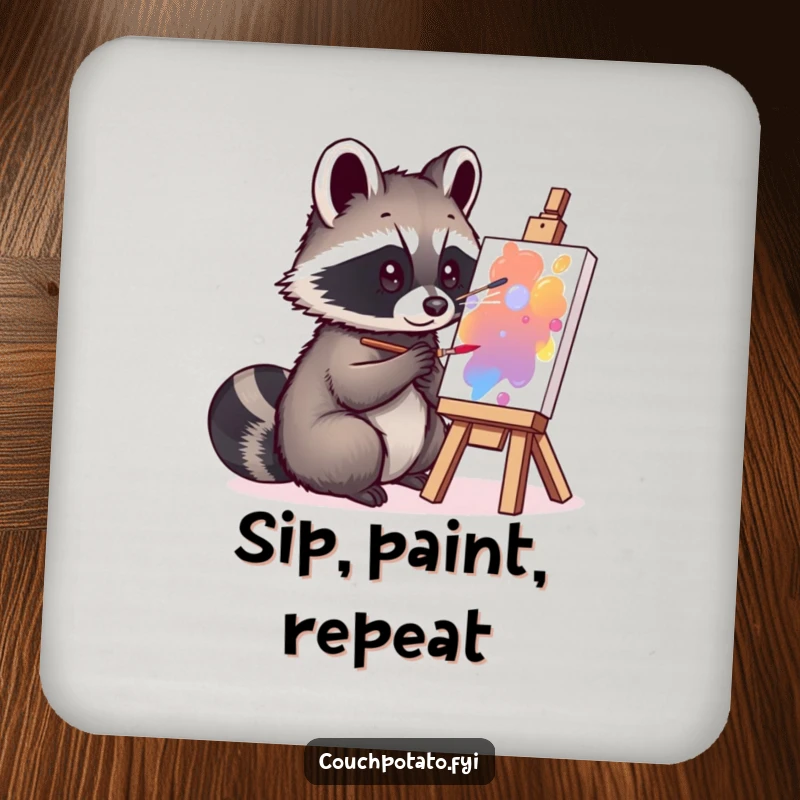 Funny curious raccoon painting on a small canvas on a round coaster, offering humorous protection for surfaces.