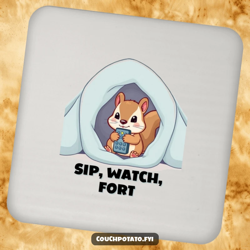 Funny curious squirrel peeking from blanket fort, clutching remote control, a cute and protective coaster.