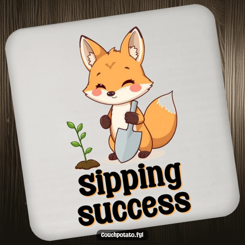 Funny fox gardener coaster, a proud fox holding a miniature shovel next to a sprouting seedling, humorous and protective table accessory.