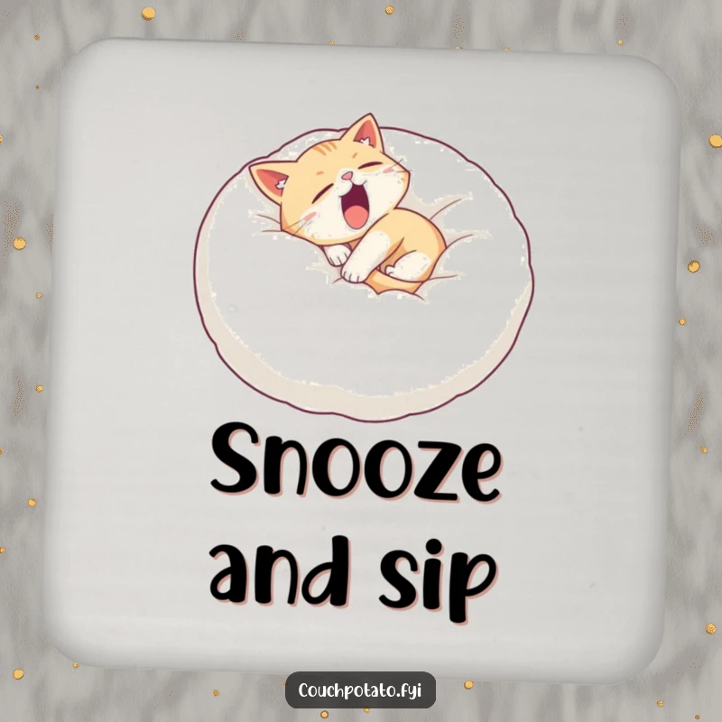 Funny sleepy cat drink coaster featuring a cat curled on a giant pillow, yawning widely, offering stylish surface protection.