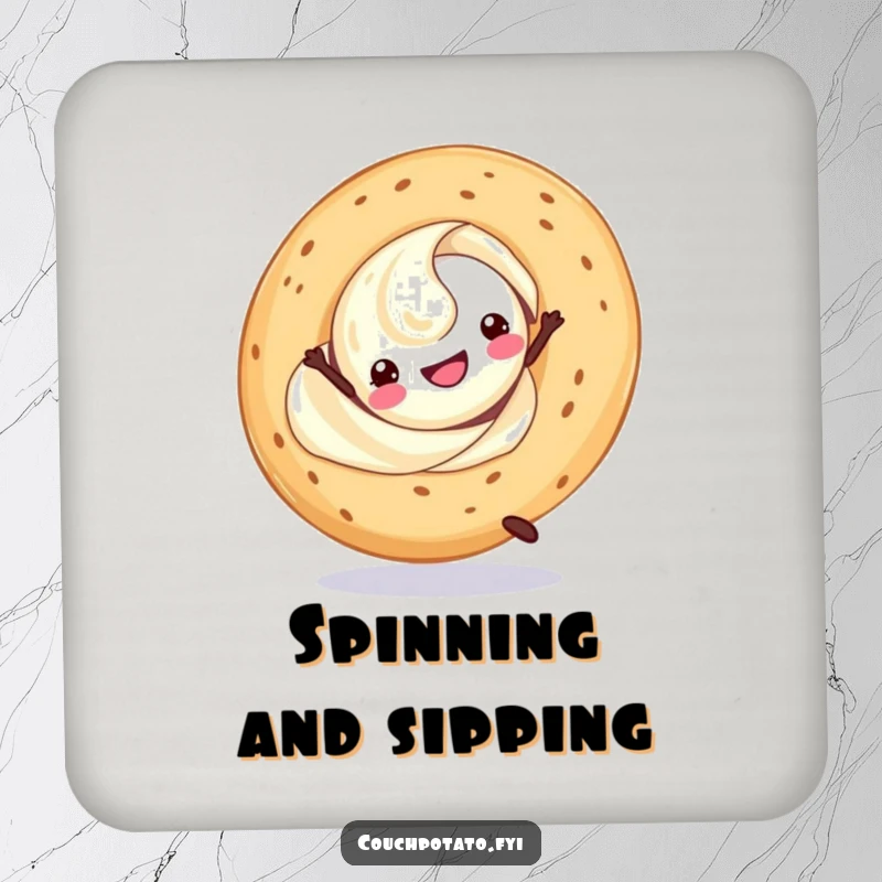 Funny cream cheese swirl doing a cartwheel with a bagel, featured on a set of coasters for table protection.