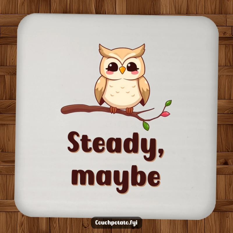 Funny owl drink coaster with a smiling bird humorously perched on a thin branch, adding a touch of comedy to surfaces.
