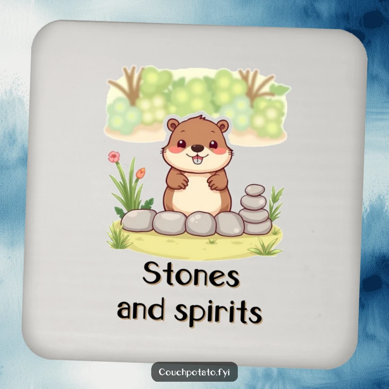 Funny beaver drink coaster, a smiling beaver stacks stones for a garden border, offering humorous protection.