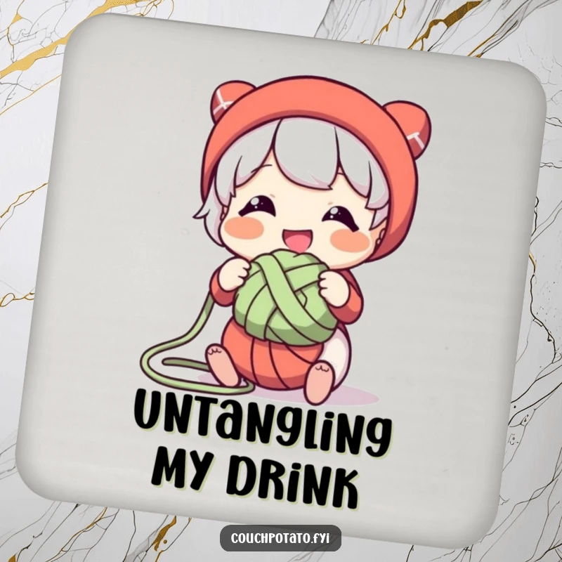 Funny drink coasters depicting a character smiling while playfully untangling a knot of yarn, adding playful protection.