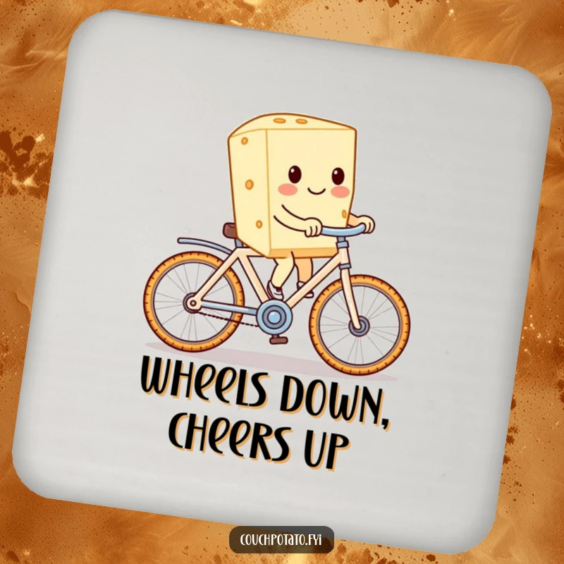 Funny cream cheese character on a cracker bike, featured on a set of coasters to protect furniture from drink rings.