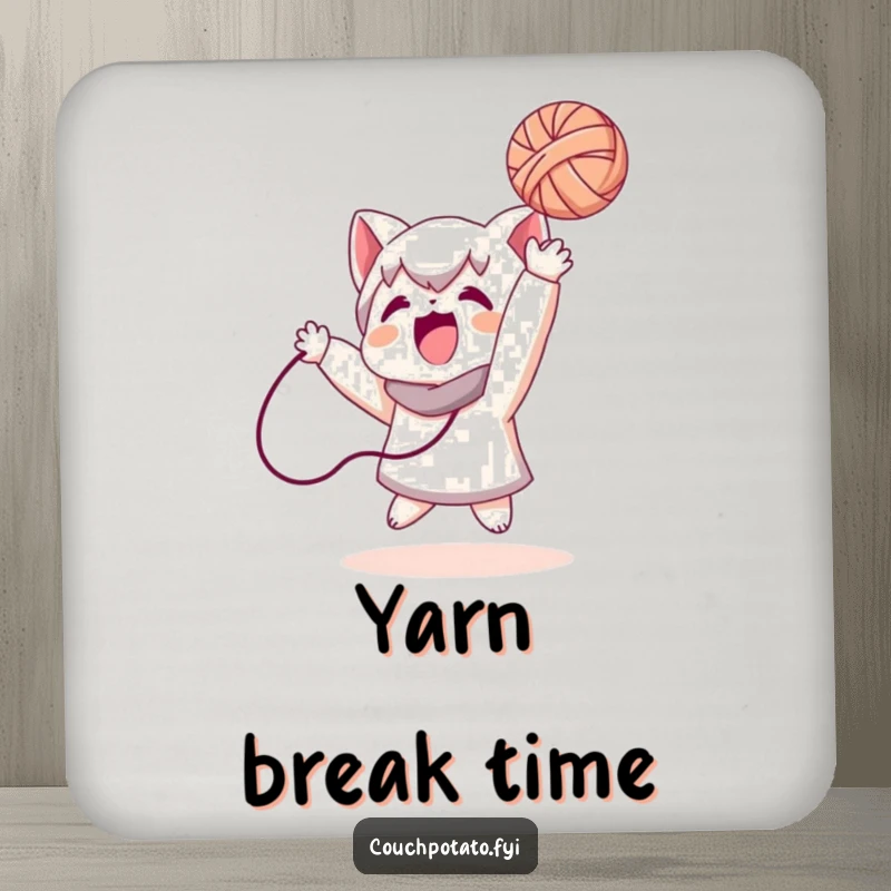 Funny drink coasters featuring a character gleefully tossing a ball of yarn, adding a humorous and protective touch to tables.