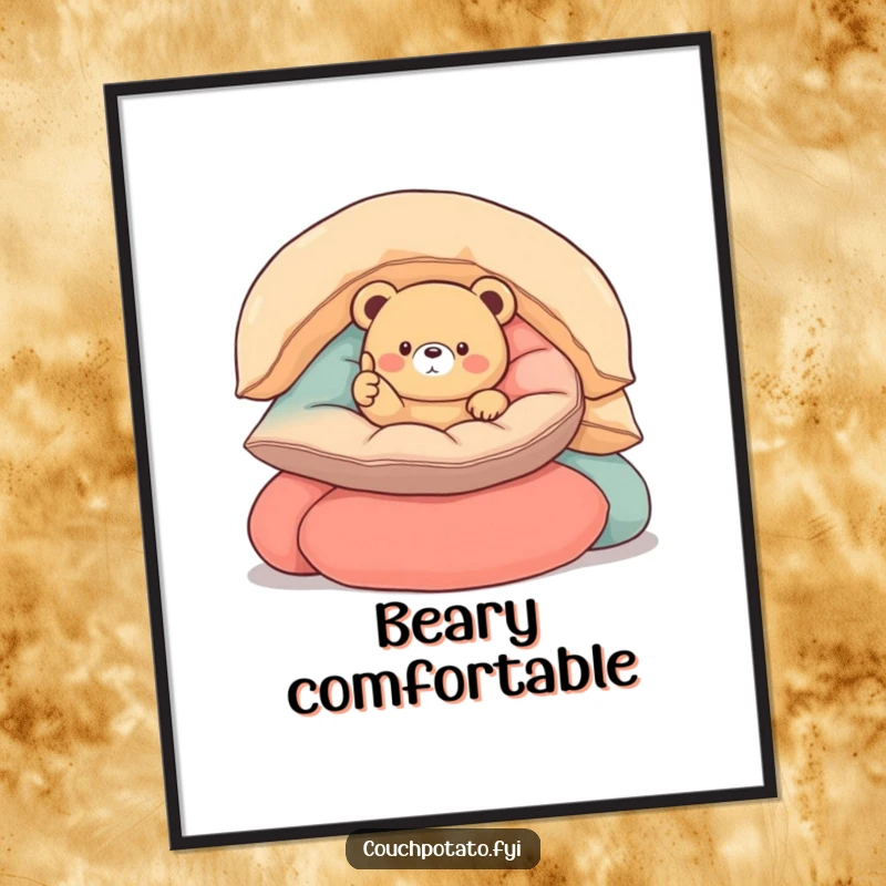 Funny round bear poster print of a small, round bear nestled in cushions, giving a thumbs up, radiating happiness and comfort.
