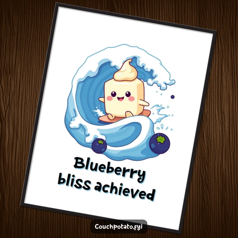 Funny cream cheese tub surfing a giant blueberry wave, presented as a vibrant digital art print for home decoration.