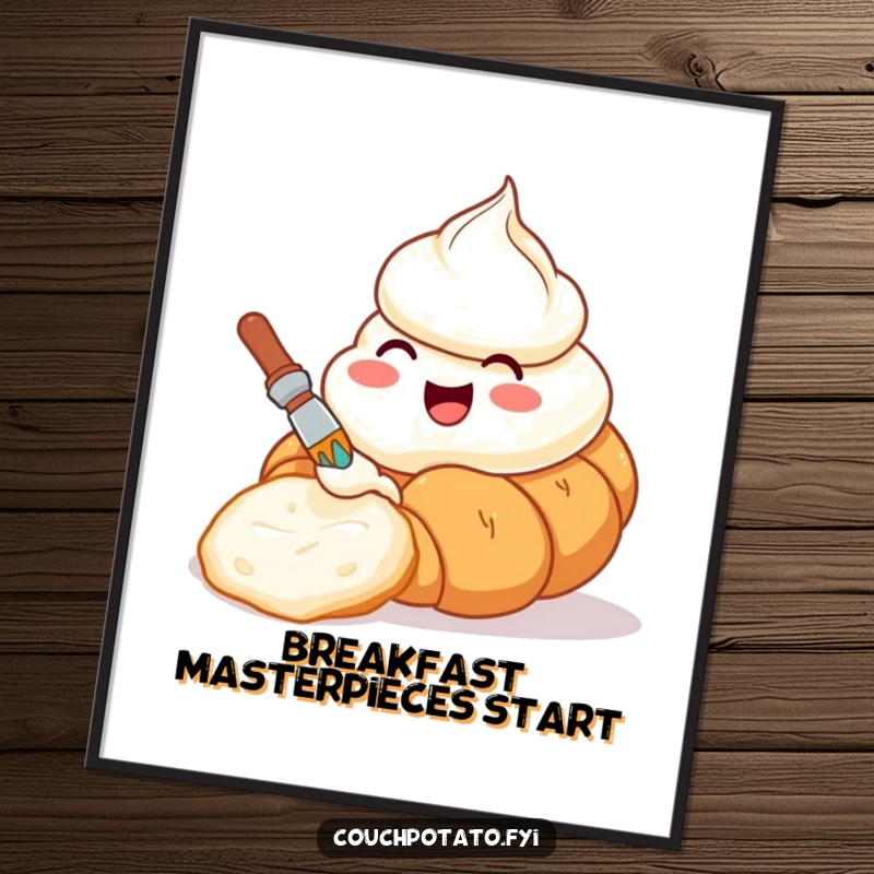Funny poster art showing a happy cream cheese container painting a croissant, adding artistic flair to any room.