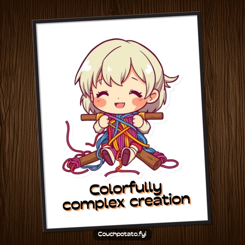 Funny character happily weaving colorful yarn into a complex pattern, as a wall art poster.