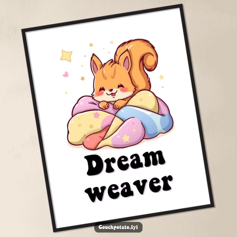 Funny joyful squirrel buried in a pile of colorful blankets, dreaming peacefully, presented as whimsical poster art.