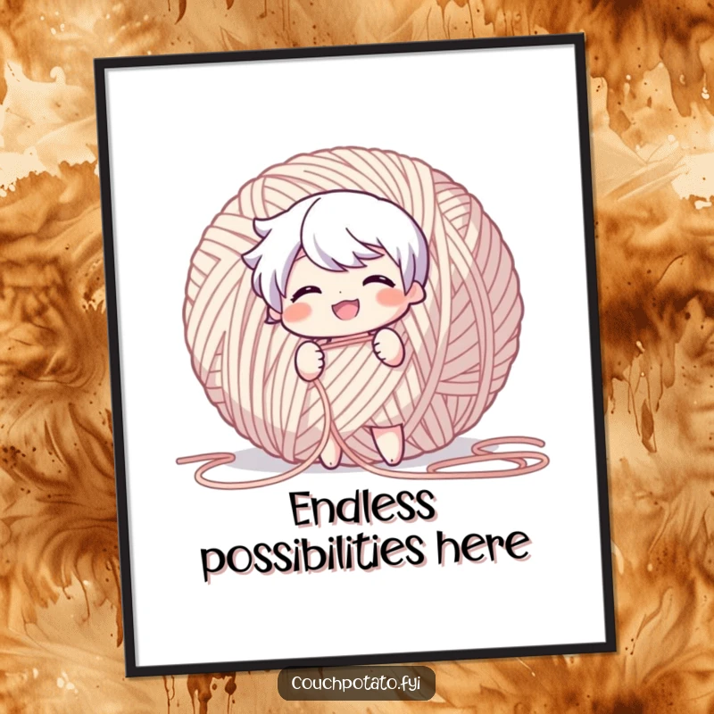 Funny Poster depicting a character with a wide grin, pulling a long thread from an enormous ball of yarn.