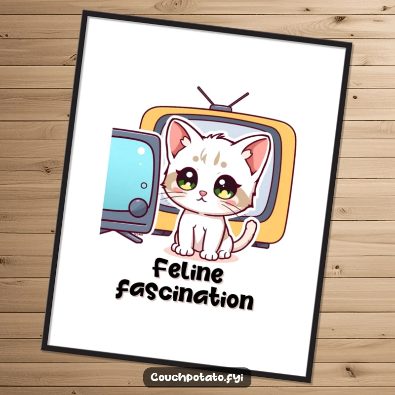 Funny kitten with wide, captivated eyes staring intently at a television screen, depicted as a humorous poster.