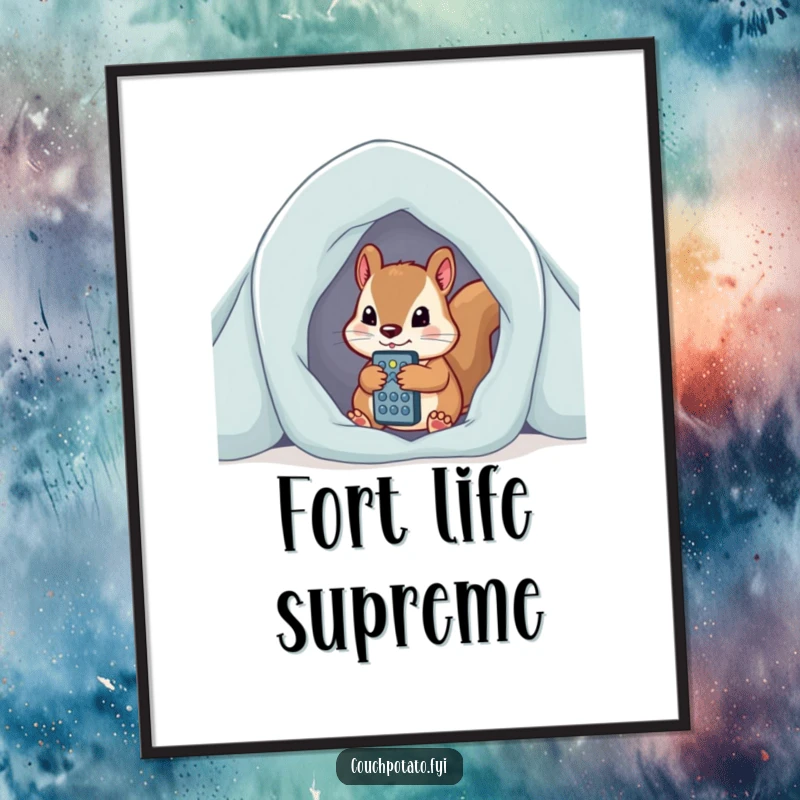 Funny curious squirrel peeking from blanket fort, clutching remote control, a cozy and humorous wall art.