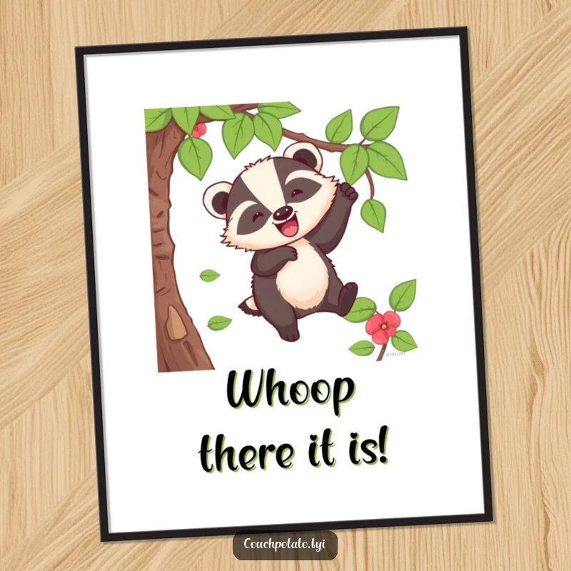Funny Badger Poster: A cheerful badger swings joyfully from a vine, captured mid-whoop in a humorous illustration.