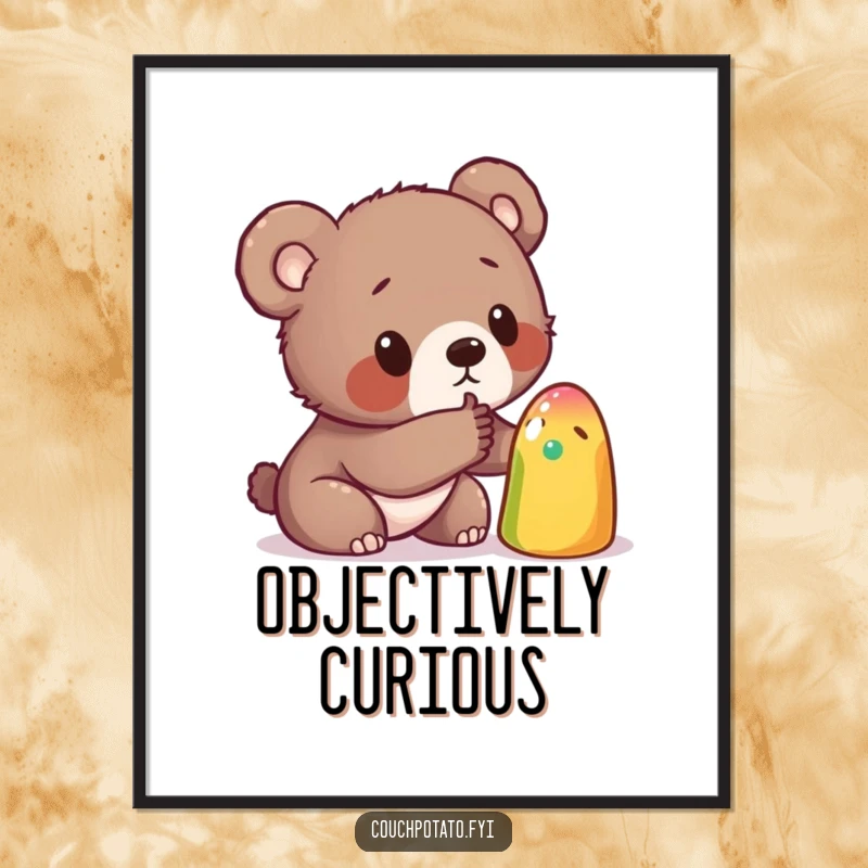 Funny poster showcasing a curious bear cub poking a strange, colorful object, capturing its innocent investigation and sense of wonder.