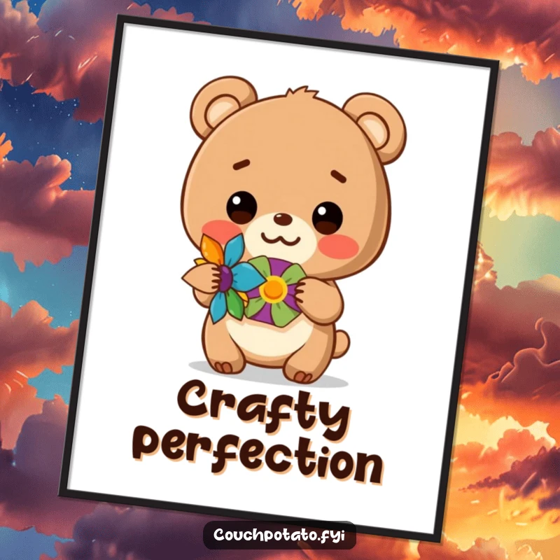 Funny poster art of a bear cub proudly holding a colorful, finished craft, bringing joy to any space.