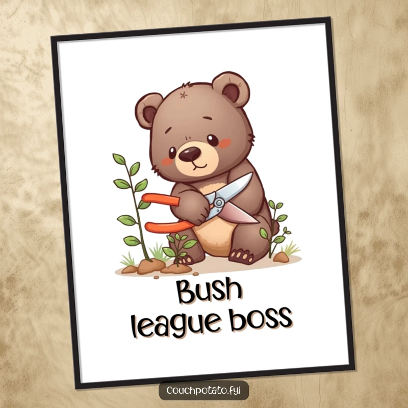 Funny bear cub poster, a determined bear cub precisely snips a tiny bush with shears, highlighting focus.