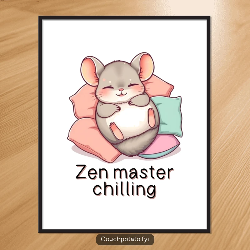 Funny Chinchilla Poster depicting a cute chinchilla happily rolling on its back, surrounded by soft pillows, bringing cheerful vibes.
