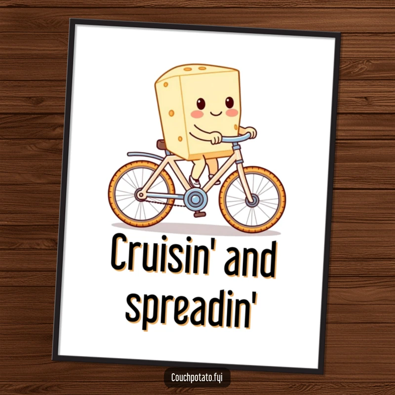 Funny cream cheese riding a cracker bike, presented as vibrant wall art that brings joy and laughter to any room.