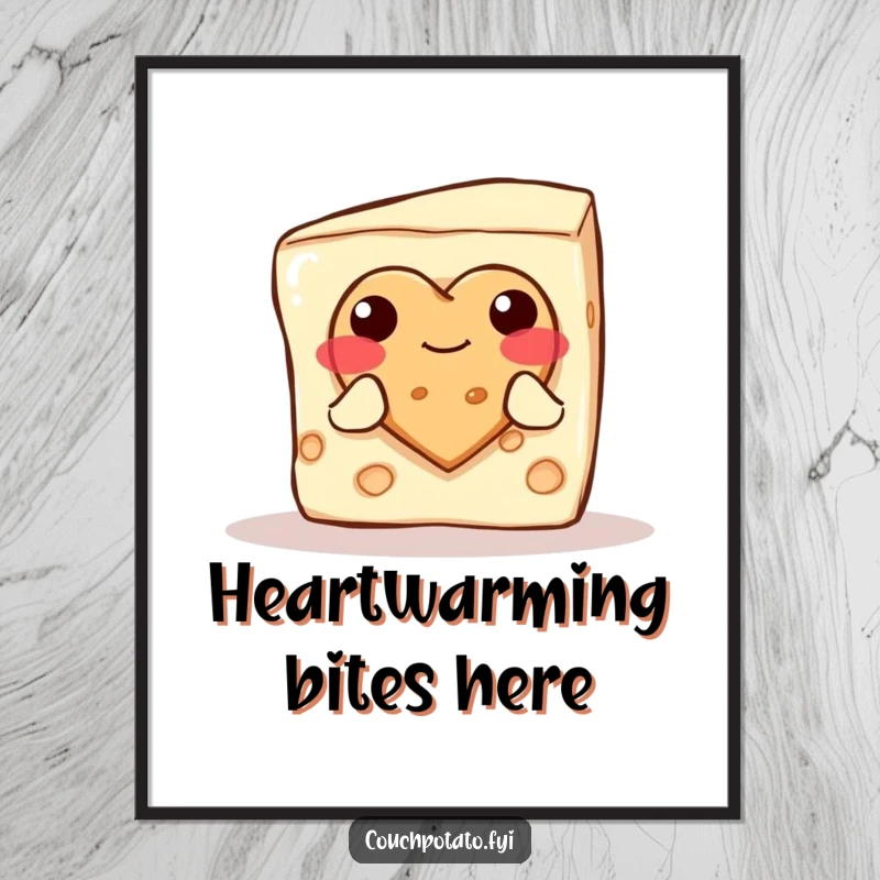 Funny blushing cream cheese block offering a heart cookie, presented as a heartwarming wall art print.