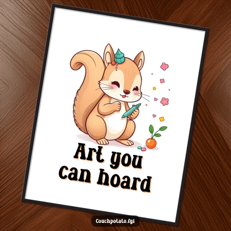 Funny creative squirrel gluing decorative elements onto a whimsical art piece, presented as charming, funny wall art.