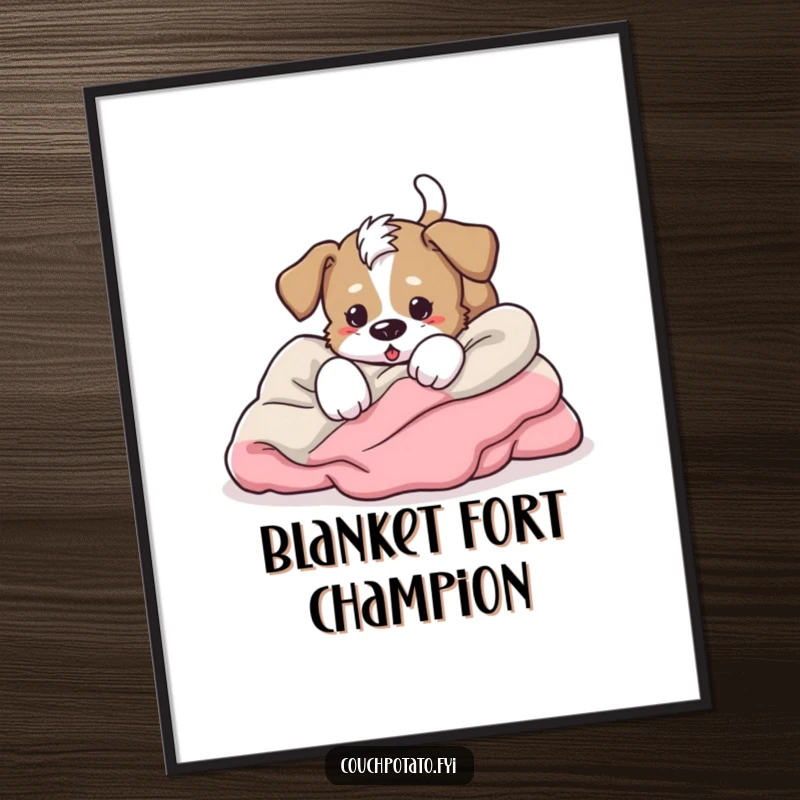 Funny energetic puppy tumbling headfirst into blankets, tail wagging furiously, vibrant and humorous wall art.