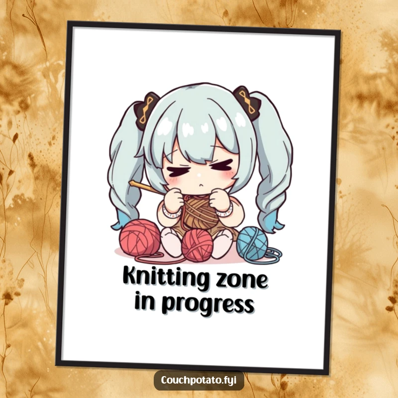 Funny poster art of a character intensely concentrating on manipulating yarn and needles, ideal for inspiring focus in crafters.