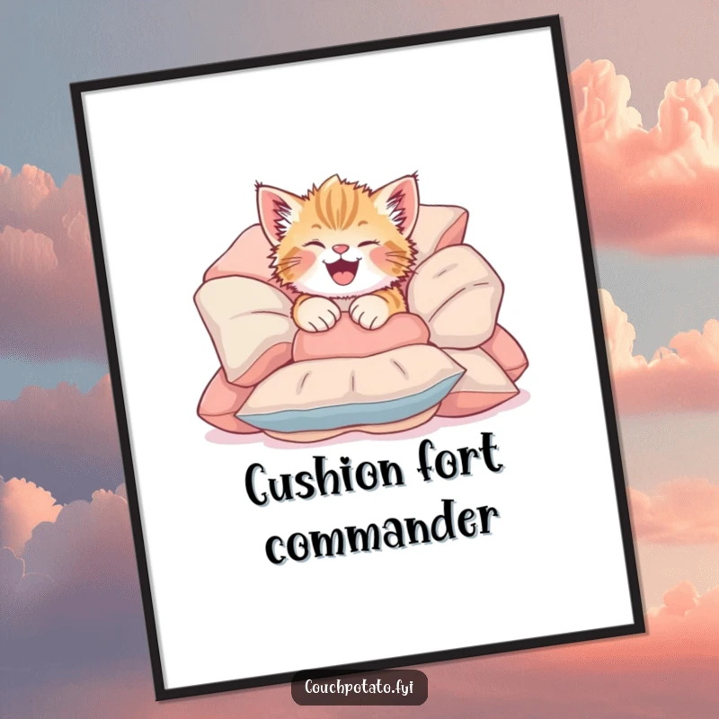 Funny Giggling Kitten Poster depicting a cute kitten tumbling headfirst into a pile of soft cushions, radiating playful joy.