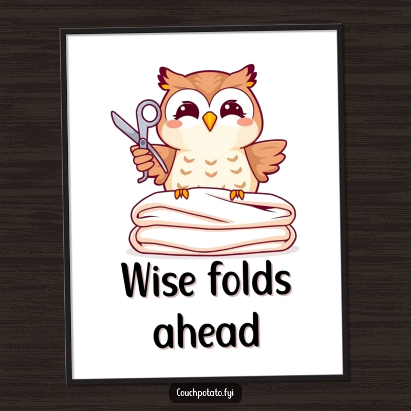 Funny joyful owl holding scissors above neatly folded fabric, presented as charming, funny wall art.